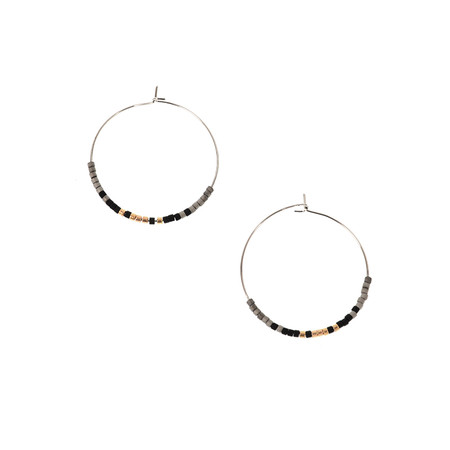 silver & black, earrings, beaded, light, hoops