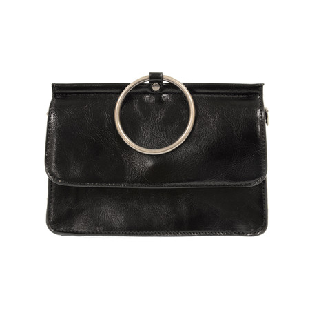 black, handbag, purse, vegan leather, adjustable and removeable crossbody strap, 6″ high, 8.25″ at widest point, 3.5″ deep at widest point,
3″ diameter of ring that can be used as a handle, Magnetic snap front closure, two open interior compartments
