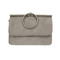 grey, handbag, purse, vegan leather, adjustable and removeable crossbody strap, 6″ high, 8.25″ at widest point, 3.5″ deep at widest point,
3″ diameter of ring that can be used as a handle, Magnetic snap front closure, two open interior compartments