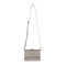 grey, handbag, purse, vegan leather, adjustable and removeable crossbody strap, 6″ high, 8.25″ at widest point, 3.5″ deep at widest point,
3″ diameter of ring that can be used as a handle, Magnetic snap front closure, two open interior compartments