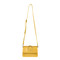 yellow, handbag, purse, vegan leather, adjustable and removeable crossbody strap, 6″ high, 8.25″ at widest point, 3.5″ deep at widest point,
3″ diameter of ring that can be used as a handle, Magnetic snap front closure, two open interior compartments