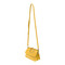 yellow, handbag, purse, vegan leather, adjustable and removeable crossbody strap, 6″ high, 8.25″ at widest point, 3.5″ deep at widest point,
3″ diameter of ring that can be used as a handle, Magnetic snap front closure, two open interior compartments