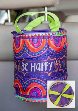 Trash bag, reusable,  bright stripes, pop up, nylon straps, snaps for easy attaching, cars, camping, small spaces 
Composition: 100% polyester, exclusive of trim
Dimensions: 8.5in H x 7in diameter