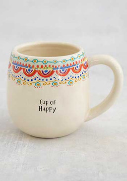 Mug, cup of happy, hand sculpted, coffee 
Composition: Ceramic
Dimensions: 3.75in H x 4in diameter, 16oz.