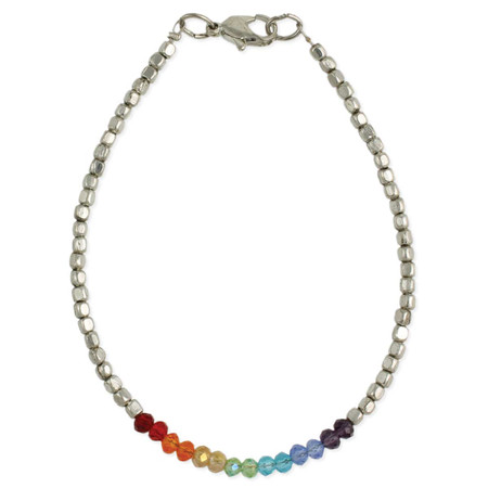 Facet glass, colorful rainbow, Silver Plate metal beads
9 1/2" - 10 1/2", 1/8" wide 
Handmade in India 