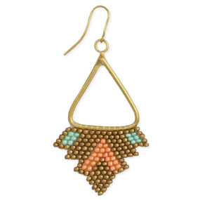 Bronze & pastel bead triangle earrings
Handmade in India 
Measurement:  2 1/2" x 1 1/4" 