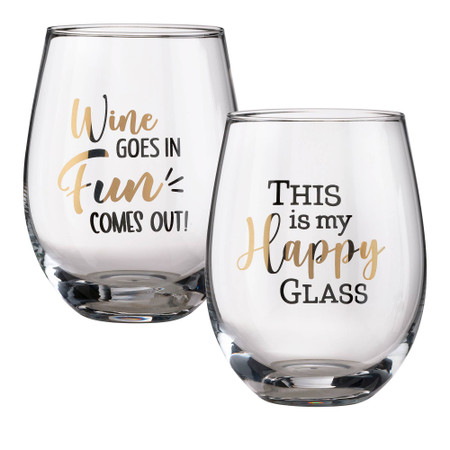 happy stemless wine glass