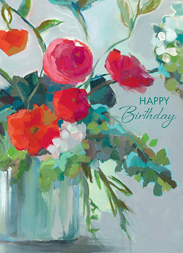 red flowers in a vase birthday card