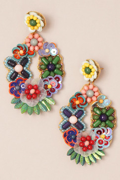multi floral beaded drop post earrings