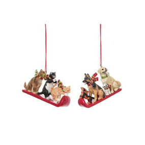 cats and dogs sled ornament 