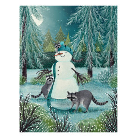 racoons with snowman holiday card