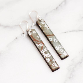 gray and silver cherry blossom bar earrings