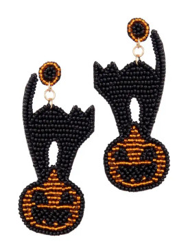 halloween beaded earrings, black cat and pumpkin