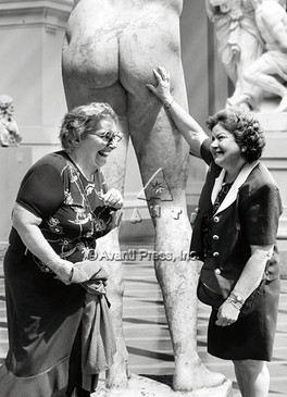 women touching statue birthday card
