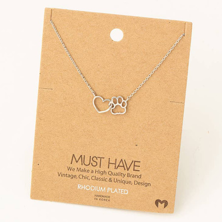 dog paw heart cutout pendant necklace silver