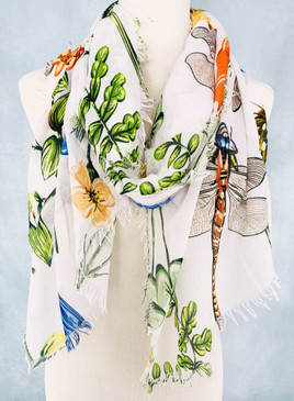 white multi dragonfly & floral cotton scarf/shawl
