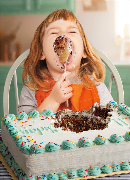 girl with cake a spoon birthday card