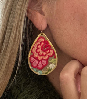 mesh red flower embroidered earrings