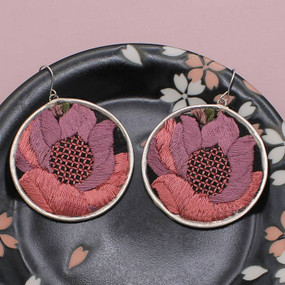 round embroidered pink flower earrings