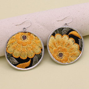 round embroidered yellow flower earrings