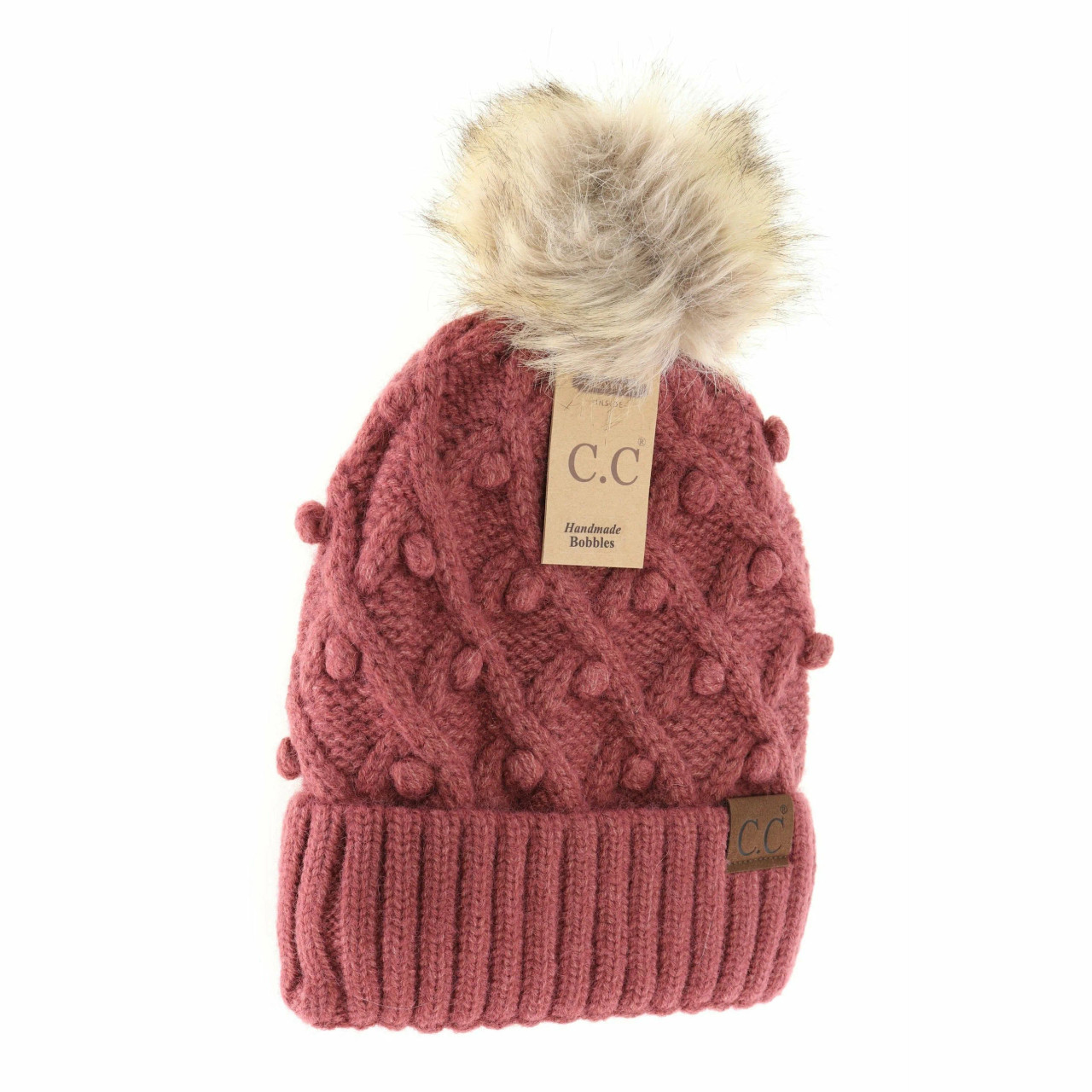 Geometric Knit Faux Fur Pom Beanie HAT2298 –