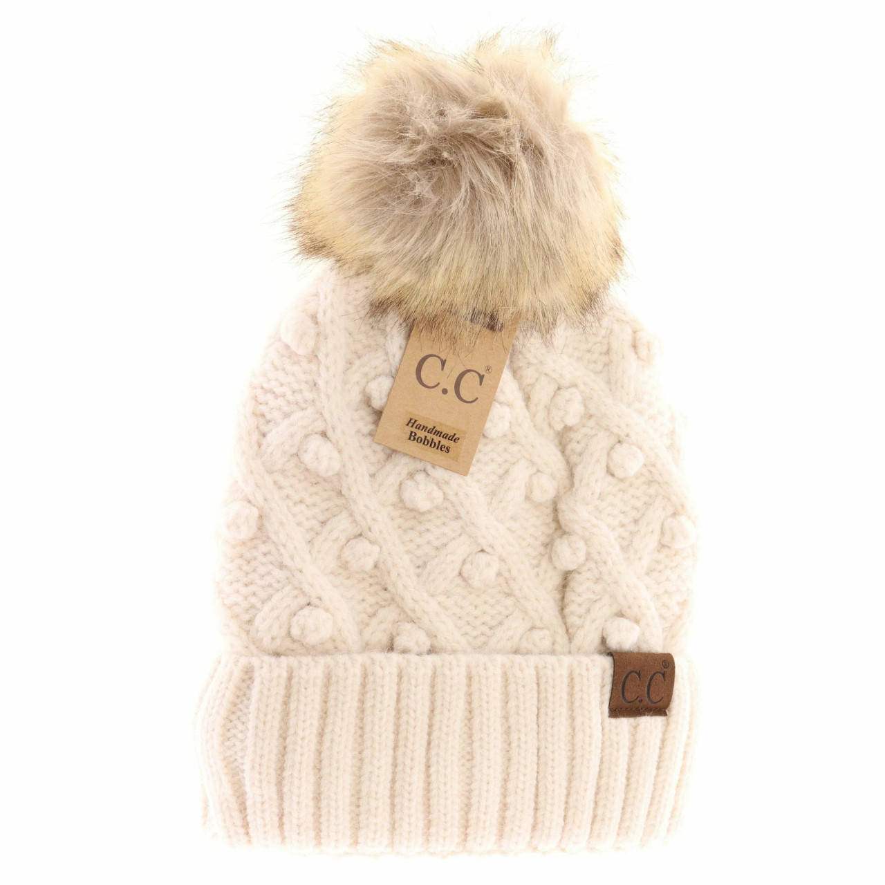 Geometric Knit Faux Fur Pom Beanie HAT2298 –