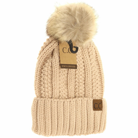 fuzzy lined fur pom beanie