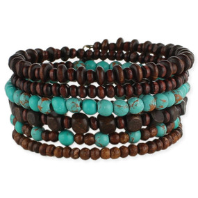 wood & turquoise bead coil bracelet
