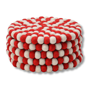 large round pom-pom trivets- red and white