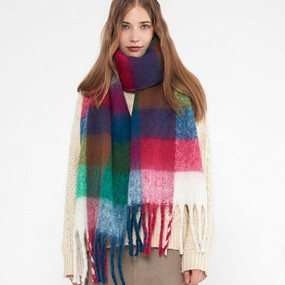 blue green red rainbow plaid mohair fringed scarf