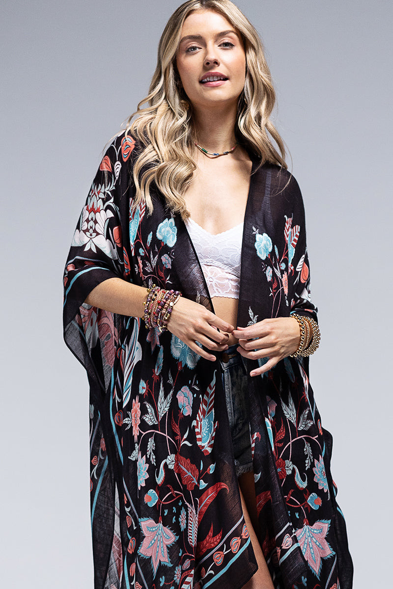 teal leaf and flower print kimono - catching fireflies