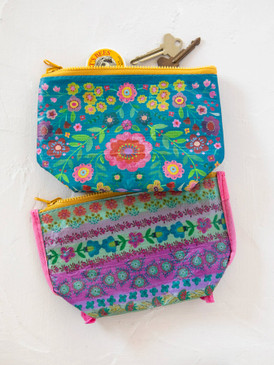 recycled zipper pouch - turquoise folk flower