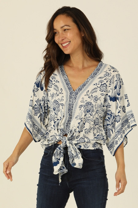 tie waist kimono blouse blue/cream