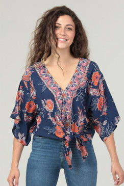 tie waist kimono blouse blue/orange