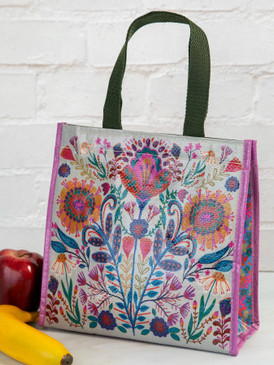 cream folk flower insulated lunch bag