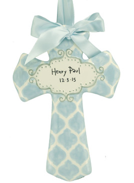 customized personalized ceramic  cross blue quatrefoil nursery accent decor baby boy shower gift religious