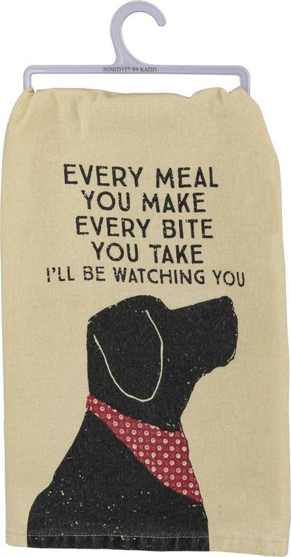 A rustic-inspired cotton dish towel lending a distressed "Every Meal You Make - Every Bite You Take - I'll Be Watching You" sentiment with a dog and bandana design. 
Complements well with coordinating design pieces. 
Machine-washable.
