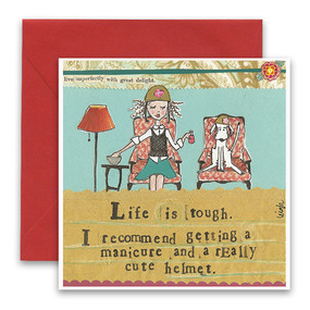 Embrace the magic of small moments with Curly Girl! Colorful collage art and hand-stamped wisdom make every piece a work of art that happens to be a super handy, post-perfect greeting card!
“Life is tough. I recommend getting a manicure and a really cute helmet”
Small words: “live imperfectly with great delight”
5.5” Square Card*
Blank Inside
Colored Envelope*
Poly-sleeved