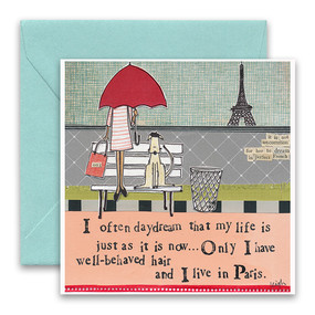 Embrace the magic of small moments with Curly Girl! Colorful collage art and hand-stamped wisdom make every piece a work of art that happens to be a super handy, post-perfect greeting card!“I often daydream that my life is just as it is now…only I have well-behaved hair and I live in Paris”Small words: “it is not uncommon for her to dream in perfect french”5.5” Square Card*
Blank Inside
Colored Envelope*
Poly-sleeved*Square cards may require additional postage
*Envelope color may vary 