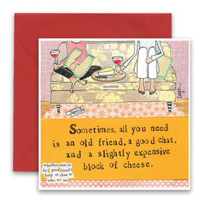 Embrace the magic of small moments with Curly Girl! Colorful collage art and hand-stamped wisdom make every piece a work of art that happens to be a super handy, post-perfect greeting card!“Sometimes all you need is an old friend, a good chat, and a slightly expensive block of cheese”Small words: “whether near or far good friends keep us close to who we are”5.5” Square Card*
Blank Inside
Colored Envelope*
Poly-sleeved*Square cards may require additional postage
*Envelope color may vary 