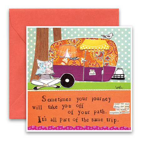 Embrace the magic of small moments with Curly Girl! Colorful collage art and hand-stamped wisdom make every piece a work of art that happens to be a super handy, post-perfect greeting card!“Sometimes your journey will take you off of your path. It’s all part of the same trip”Small words: “enjoy the view along the way, life is full of exquisite diversions”5.5” Square Card*
Blank Inside
Colored Envelope*
Poly-sleeved*Square cards may require additional postage
*Envelope color may vary 