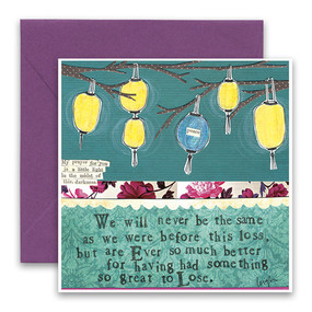 Embrace the magic of small moments with Curly Girl! Colorful collage art and hand-stamped wisdom make every piece a work of art that happens to be a super handy, post-perfect greeting card!“We will never be the same as we were before this loss, but are ever so much better for having had something so great to lose”Small words: “my prayer for you is a little light amidst this darkness”5.5” Square Card*
Blank Inside
Colored Envelope*
Poly-sleeved*Square cards may require additional postage
*Envelope color may vary 
