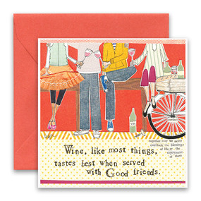Embrace the magic of small moments with Curly Girl! Colorful collage art and hand-stamped wisdom make every piece a work of art that happens to be a super handy, post-perfect greeting card!“Wine, like most things, tastes best when served with good friends”Small words: “together may we never overlook the blessings of life or the enjoyment of them”5.5” Square Card*
Blank Inside
Colored Envelope*
Poly-sleeved*Square cards may require additional postage
*Envelope color may vary 