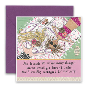 Embrace the magic of small moments with Curly Girl! Colorful collage art and hand-stamped wisdom make every piece a work of art that happens to be a super handy, post-perfect greeting card!“As friends we share many things – most notably, a love of carbs and a healthy disregard for maturity.”Small words “the prettiest people are the silliest ones”5.5” Square*
Blank Inside
Colored Envelope*
Poly-sleeved*Square cards may require additional postage
*Envelope color may vary 