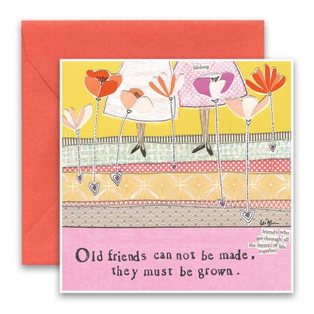 Embrace the magic of small moments with Curly Girl! Colorful collage art and hand-stamped wisdom make every piece a work of art that happens to be a super handy, post-perfect greeting card!“Old friends can not be made, they must be grown.”Small words: “friends who go through all the layers of life together”5.5” Square Card*
Blank Inside
Colored Envelope*
Poly-sleeved*Square cards may require additional postage
*Envelope color may vary 