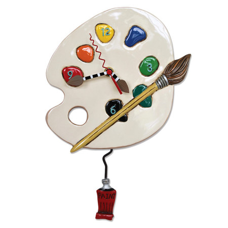 Art time clock
•    measures 13″ x 8.5″
•    hand-painted paint brush hands
•    swinging paint tube pendulum
•    cast in resin, finished by hand
•    requires “AA” battery
Designed by artist Michelle Allen
