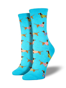 Is there anything cuter than a wiener dog wearing a sweater?... These socks are! Our fashionable dachshund socks are sure to brighten up your sock drawer!  
Sock size 9-11 fits U.S. women’s shoe size 5-10.5
Fiber Content: 63% Cotton, 34% Nylon, 3% Spandex