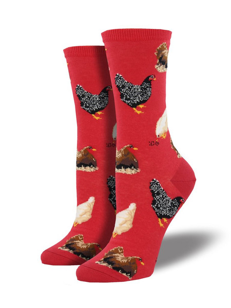 Why did the chicken cross the road? These socks don't have the answer, but they are definitely cool! Featuring numerous types of hens, our hen house socks are perfect for a farmer or animal enthusiast. 
Sock size 9-11 fits U.S. women’s shoe size 5-10.5 
Fiber Content: 63% Cotton, 34% Nylon, 3% Spandex