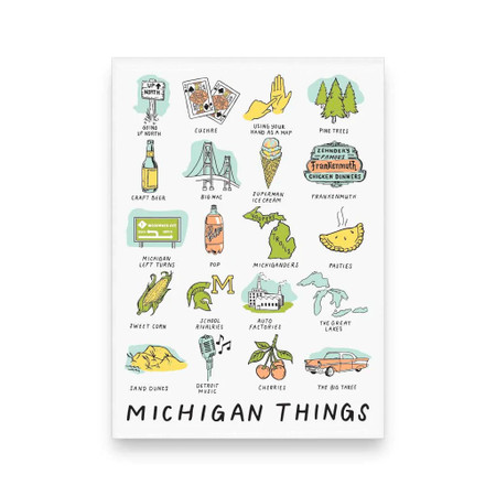 Do you use your hand as a map when showing people where you're from? Do you know how to play Euchre? Do you head Up North in the summer? Do you call pop...pop? If you answered yes to any of these questions, you must be from Michigan! Celebrate what makes Michigan and the people who live here special in this magnet featuring 20 of our favorite "Michigan Things." 
Size: 2.5x3.5