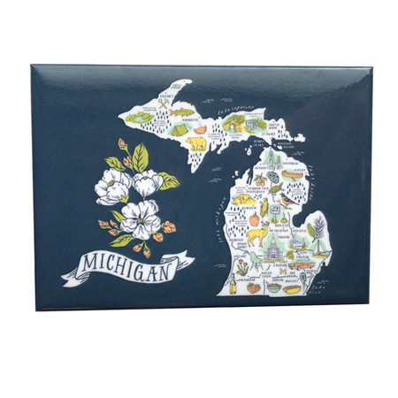 This magnet features an original, illustrated map of Michigan that highlights the cities, foods, products, culture, and natural beauty that make our state so great!  
Size: 2.5x3.5